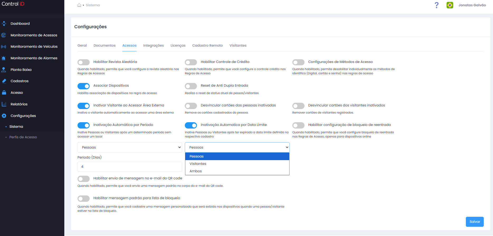 Aba Acessos das Configurações do Sistema