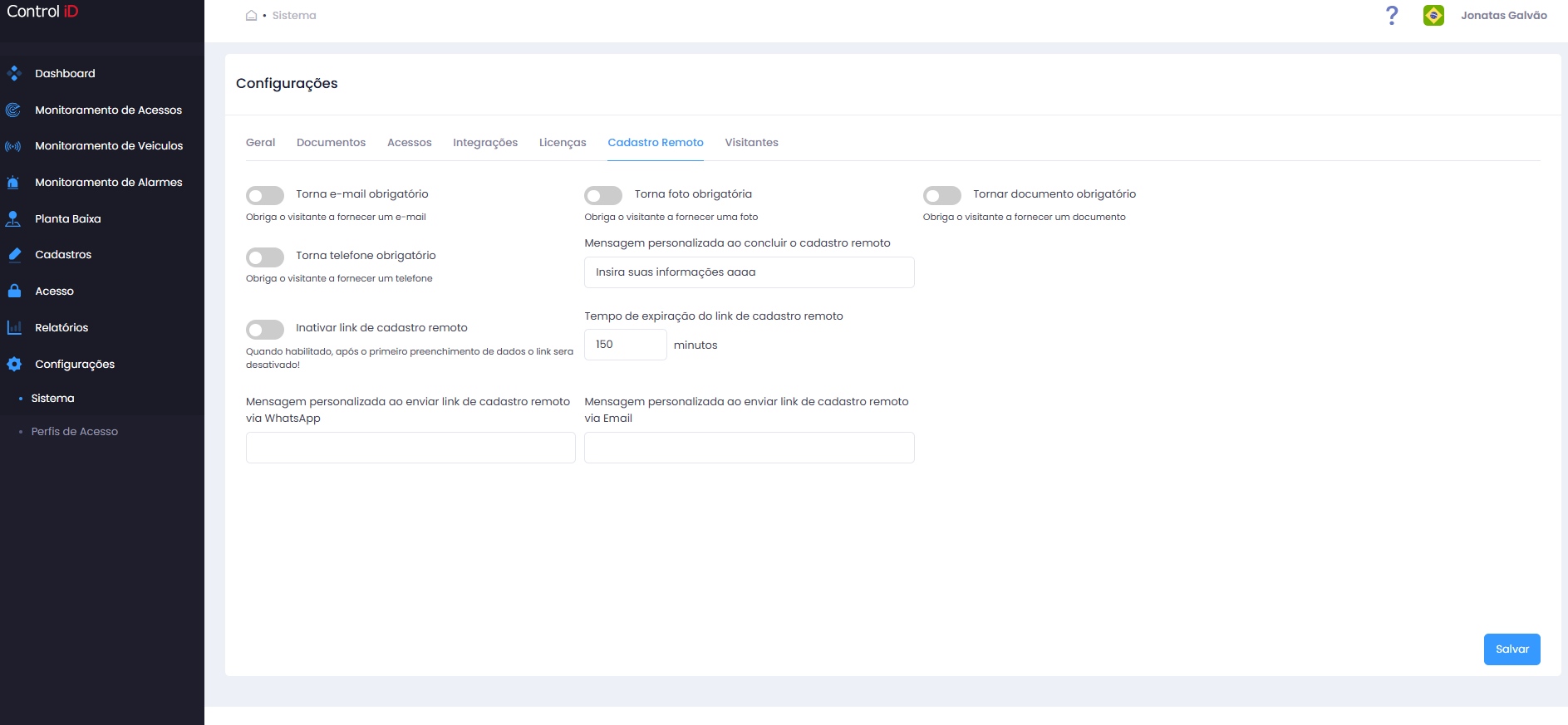 Aba Cadastro Remoto das Configurações do Sistema
