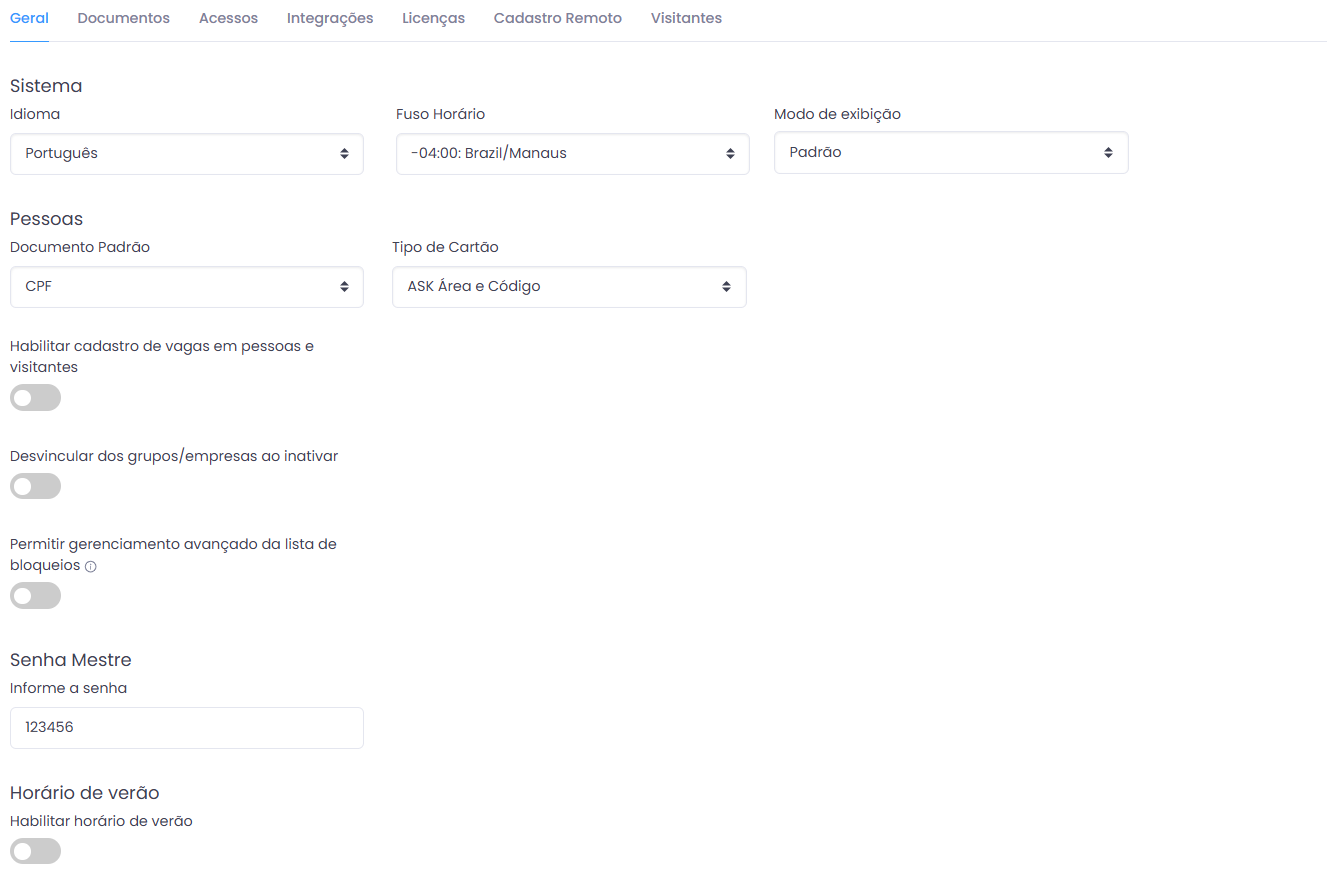 Aba Geral das Configurações do Sistema