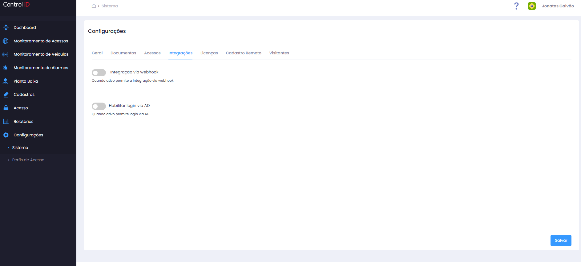 Aba Integrações das Configurações do Sistema
