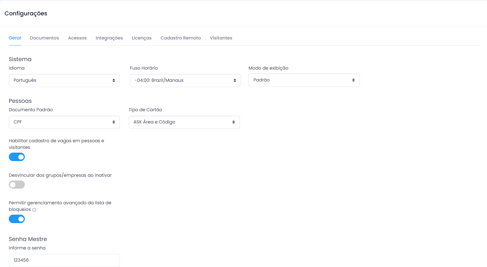 Tela inicial de Configurações do Sistema