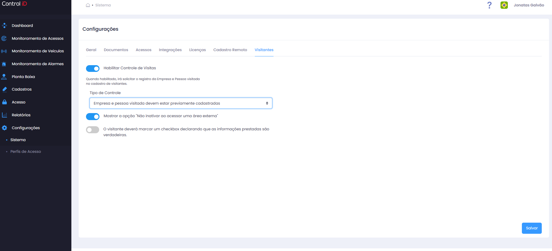 Aba Visitantes das Configurações do Sistema