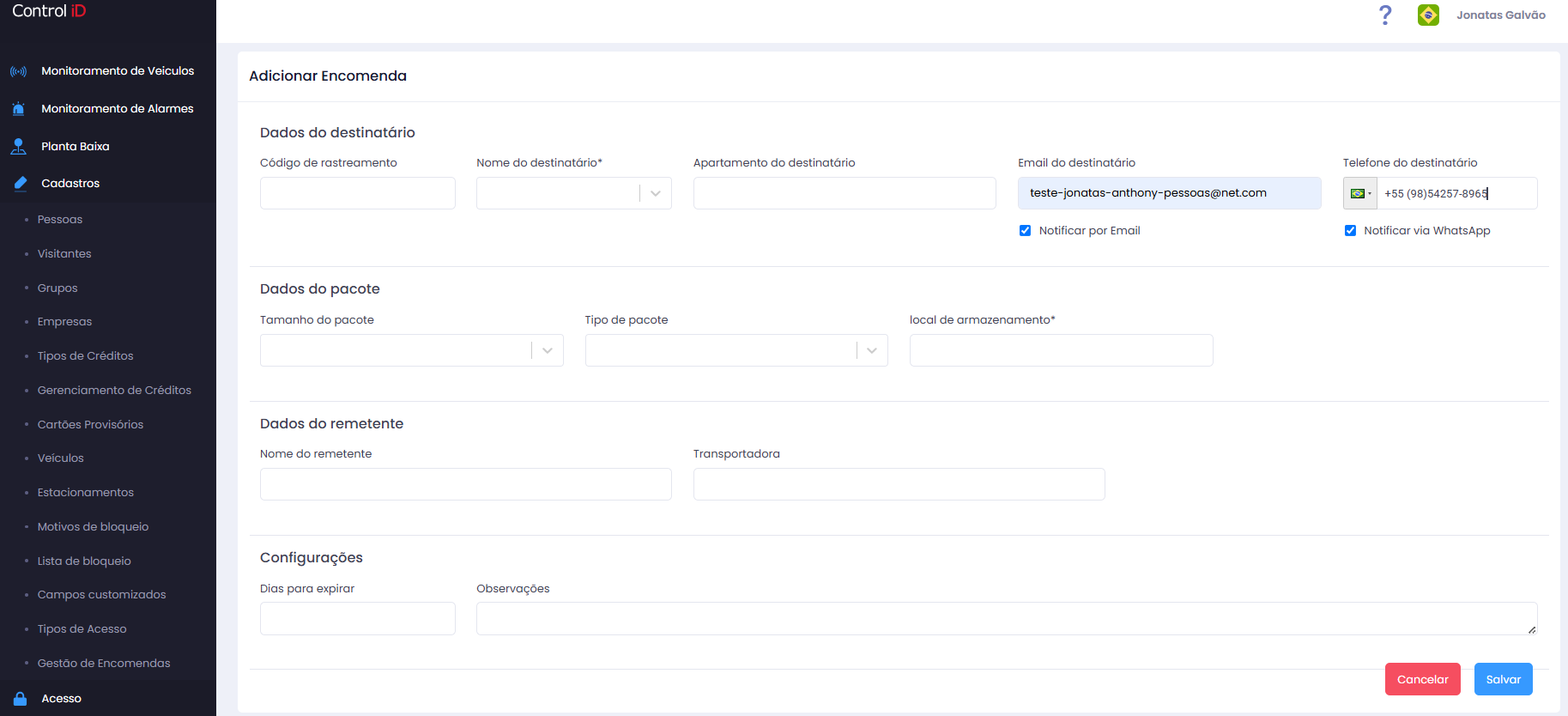 Notificação de encomenda