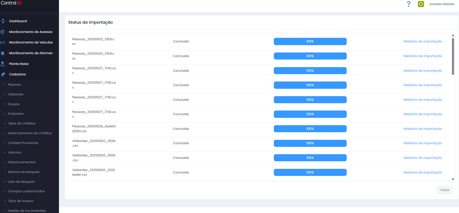 Status das importações