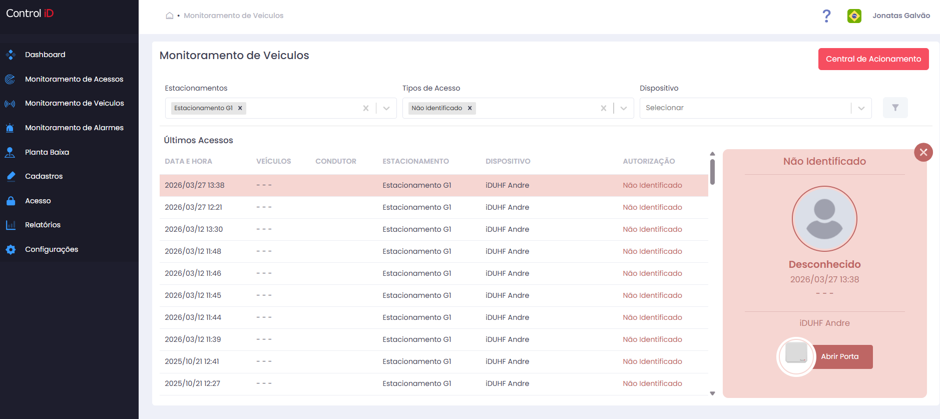 Tabela de eventos e card de detalhes