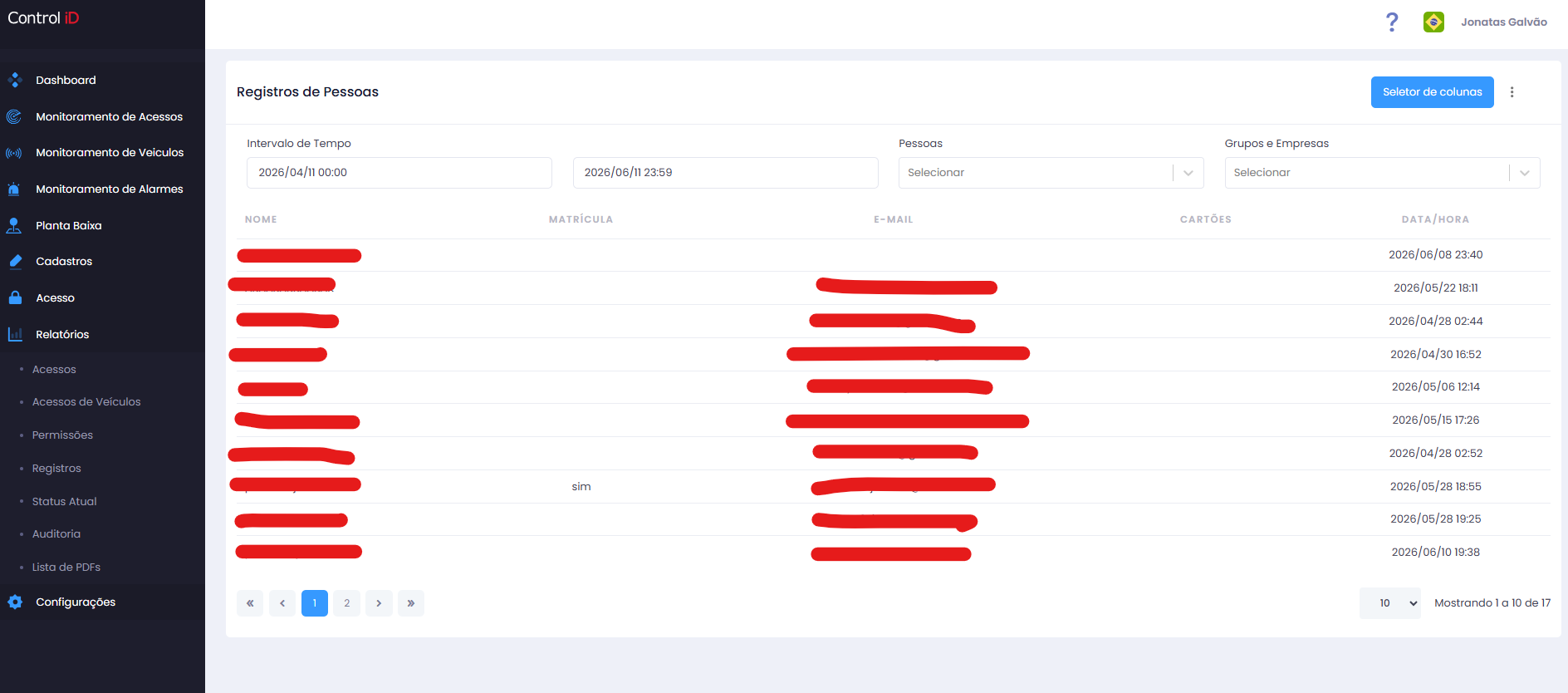 Filtros dos relatórios de registros