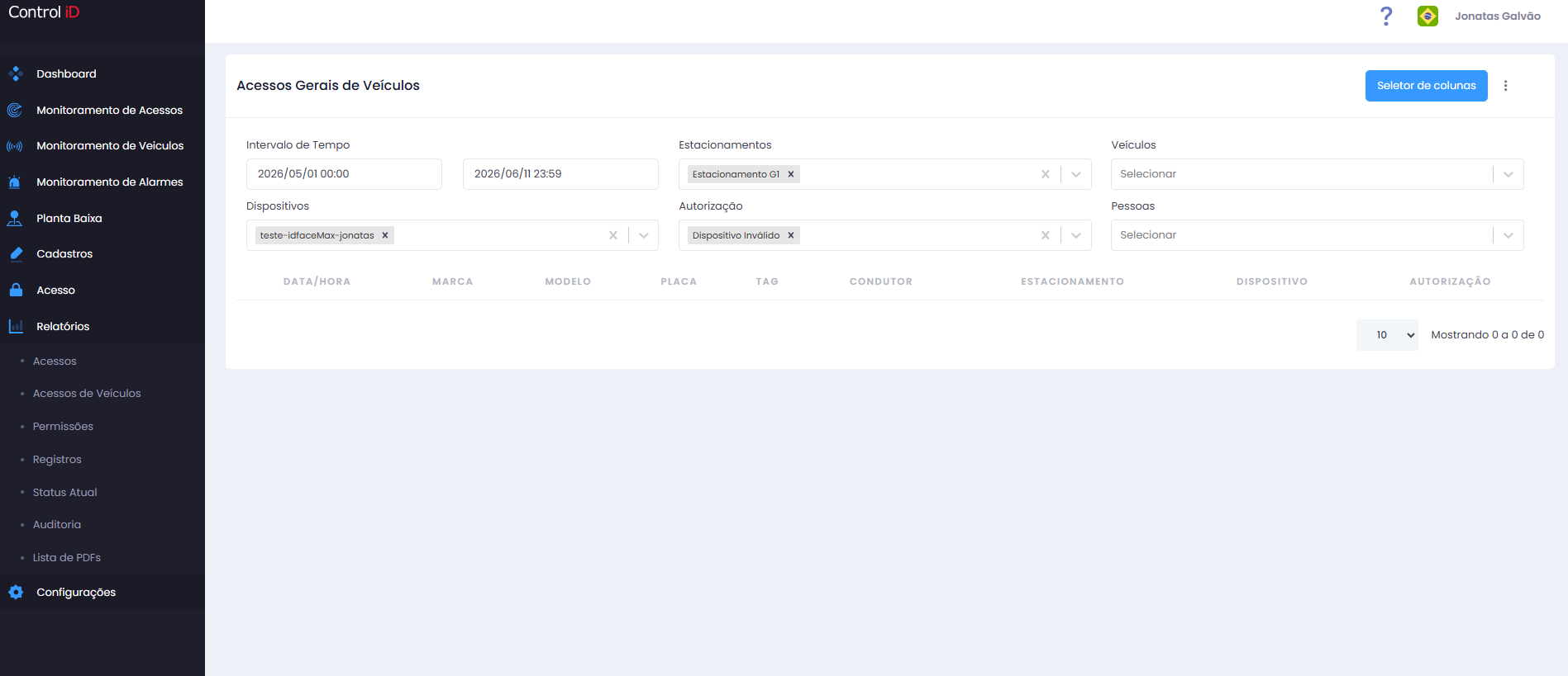 Filtros do relatório de acessos de veículos